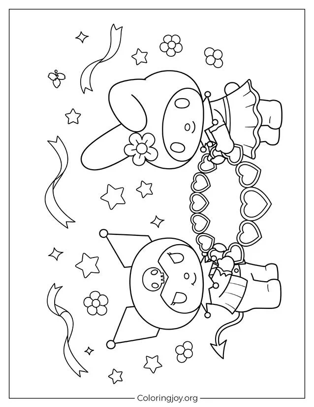 Kuromi und My Melody halten ein großes Freundschaftsarmband mit Herzanhänger hoch, umgeben von Sternen, Bändern und Blumen.
