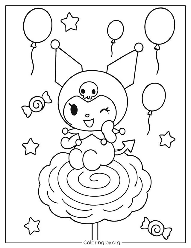 Kuromi treibt auf einer Zuckerwattewolke mit Luftballons, Süßigkeiten und Sternen am Himmel.