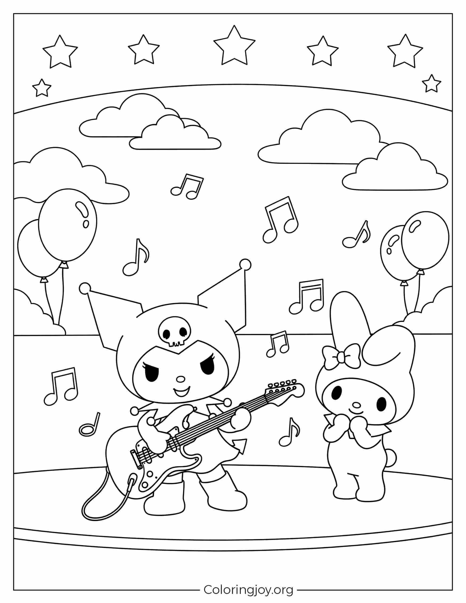 Kuromi rockt auf der Gitarre, während My Melody unter einem Sternenhimmel mit Musiknoten und Luftballons jubelt.