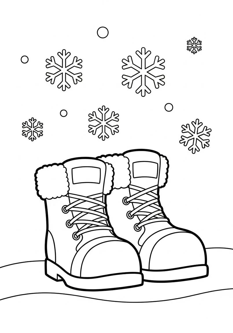 Encantadoras botas de invierno y copos de nieve para colorear