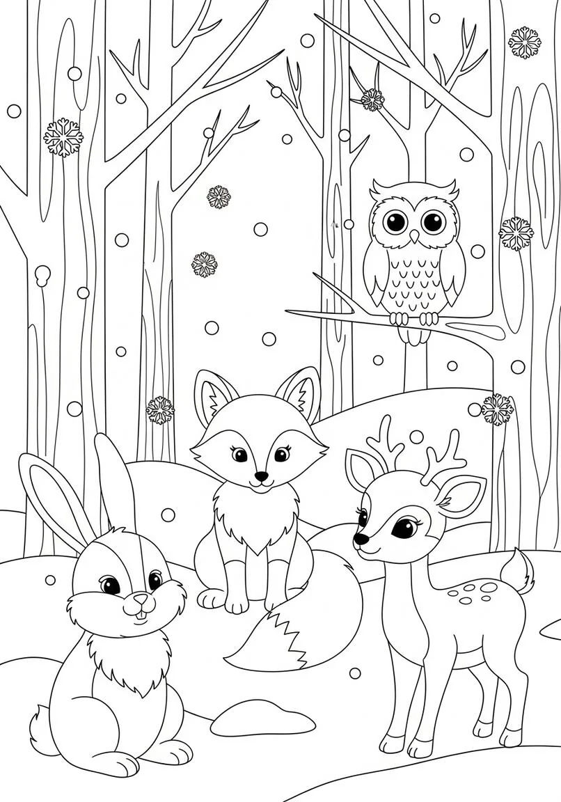Página para colorear de copos de nieve de animales del bosque de enero