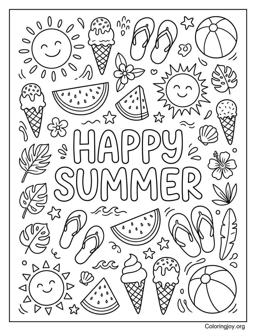 Hojas imprimibles de garabatos de feliz verano página para colorear