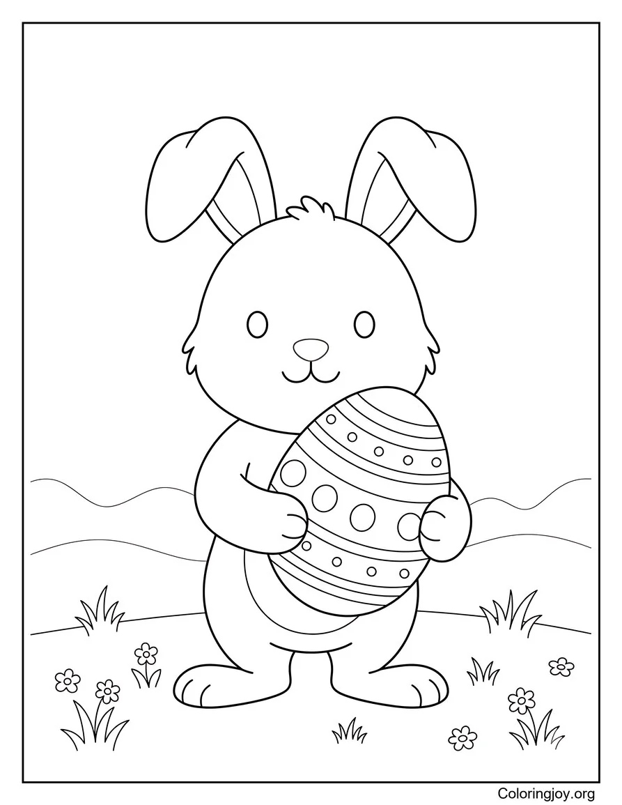 Página fácil para colorear de Conejito de Pascua sosteniendo un huevo