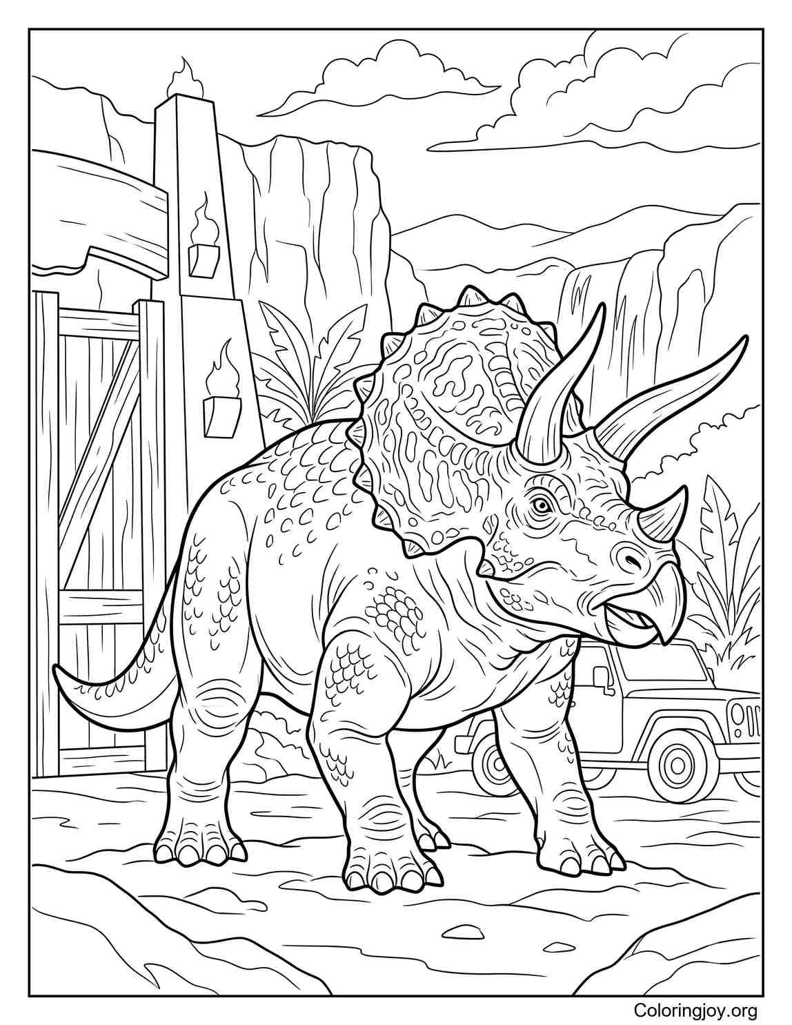 Jurassic World Style Triceratops Scene Coloring Sheet