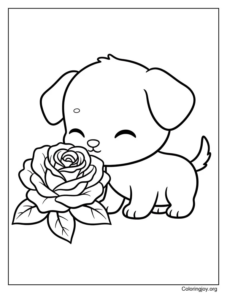 Puppy Smelling a Blooming Rose Coloring Page