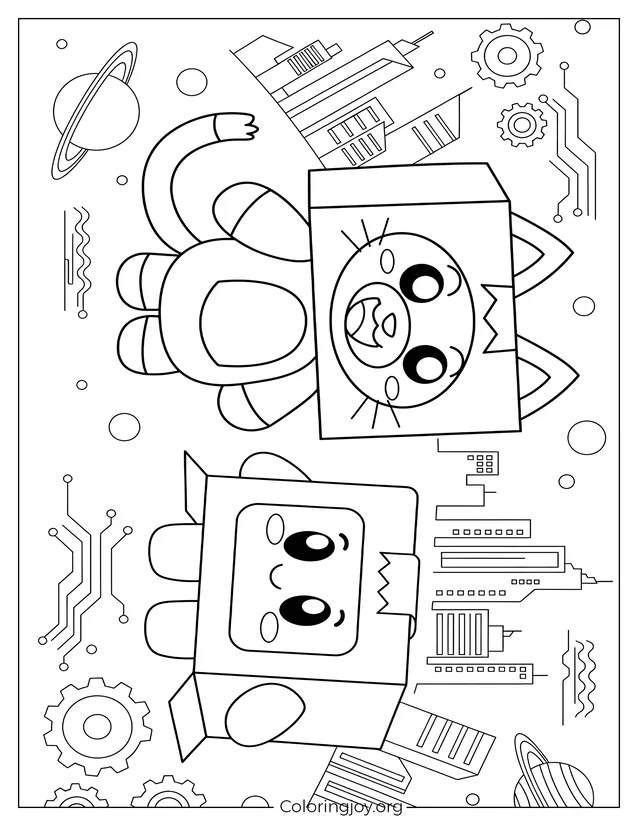 Hoja para colorear futurista de Foxy y Boxy