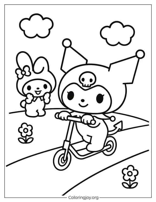 Kuromi fährt Roller, während My Melody neben einem einfachen Weg mit Wolken und Blumen jubelt.