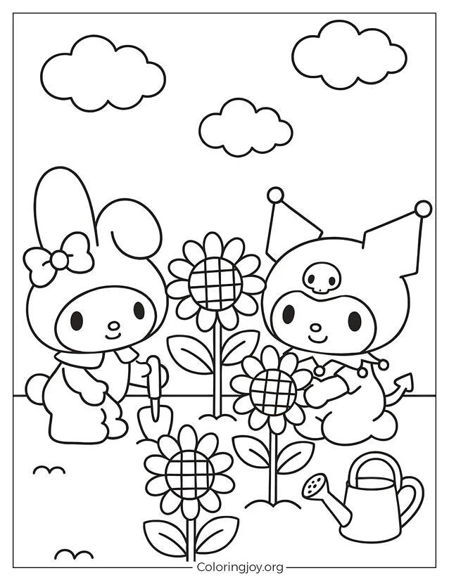 My Melody und Kuromi pflanzen Sonnenblumen zusammen mit einer Gießkanne und flauschigen Wolken.