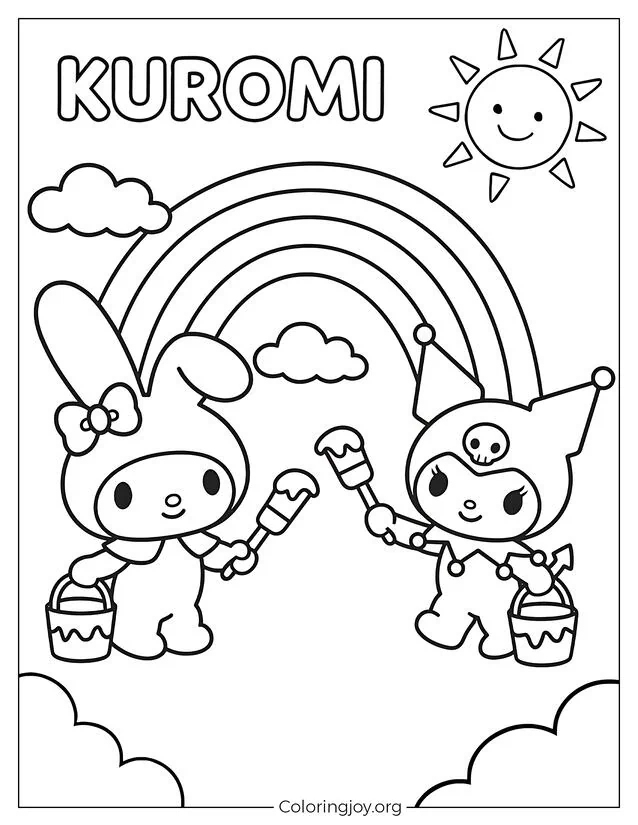 My Melody und Kuromi malen mit großen Pinseln einen Regenbogen mit Wolken und einer lächelnden Sonne.