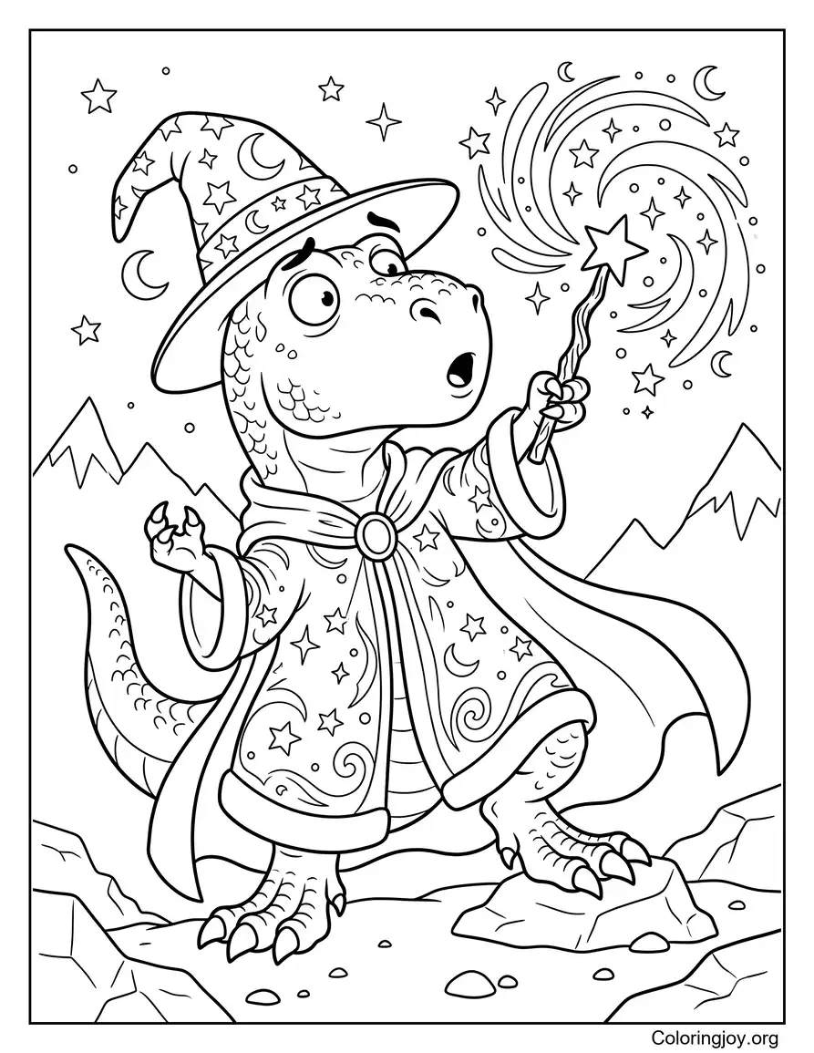 Wizard T-Rex Casting Magic Spells Coloring Sheet coloring page