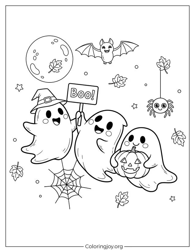 Hoja para colorear de Halloween del lindo trío de fantasmas