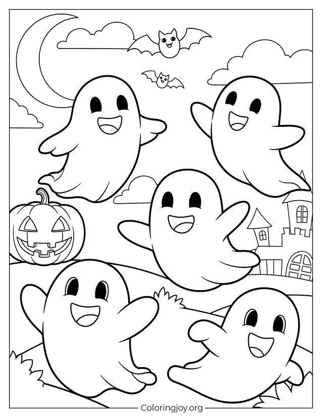 Página para colorear de Halloween de fantasmas felices