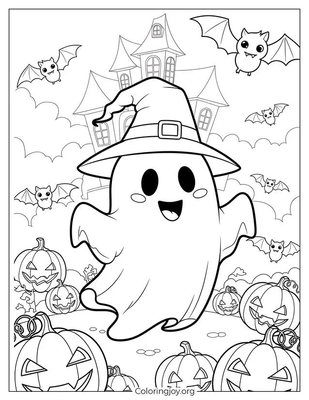 Página para colorear de Halloween con fantasmas y calabazas juguetones