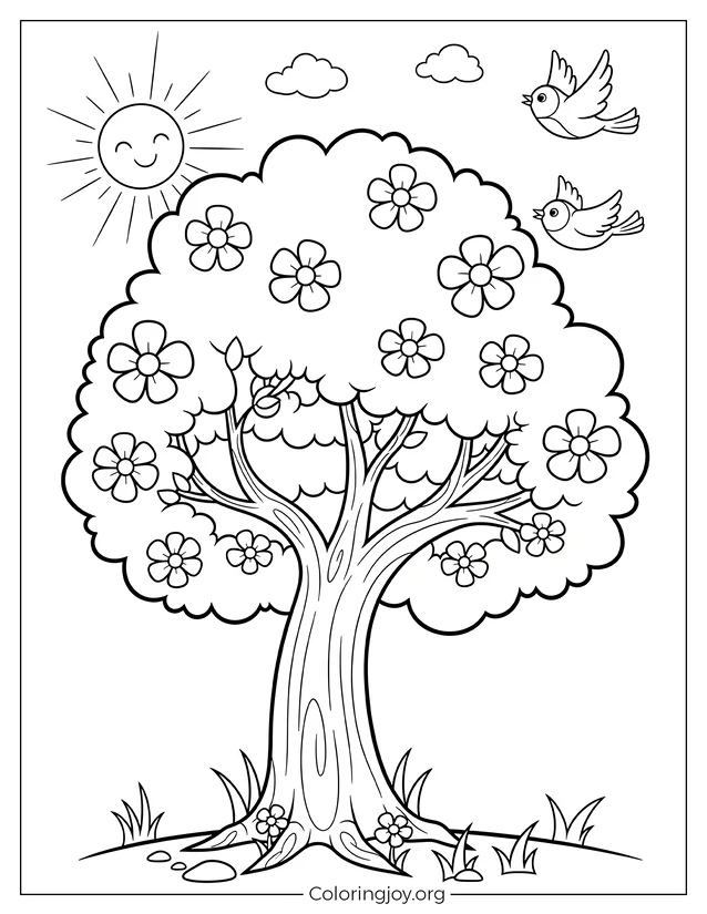 Hermoso árbol en flor imprimible página para colorear