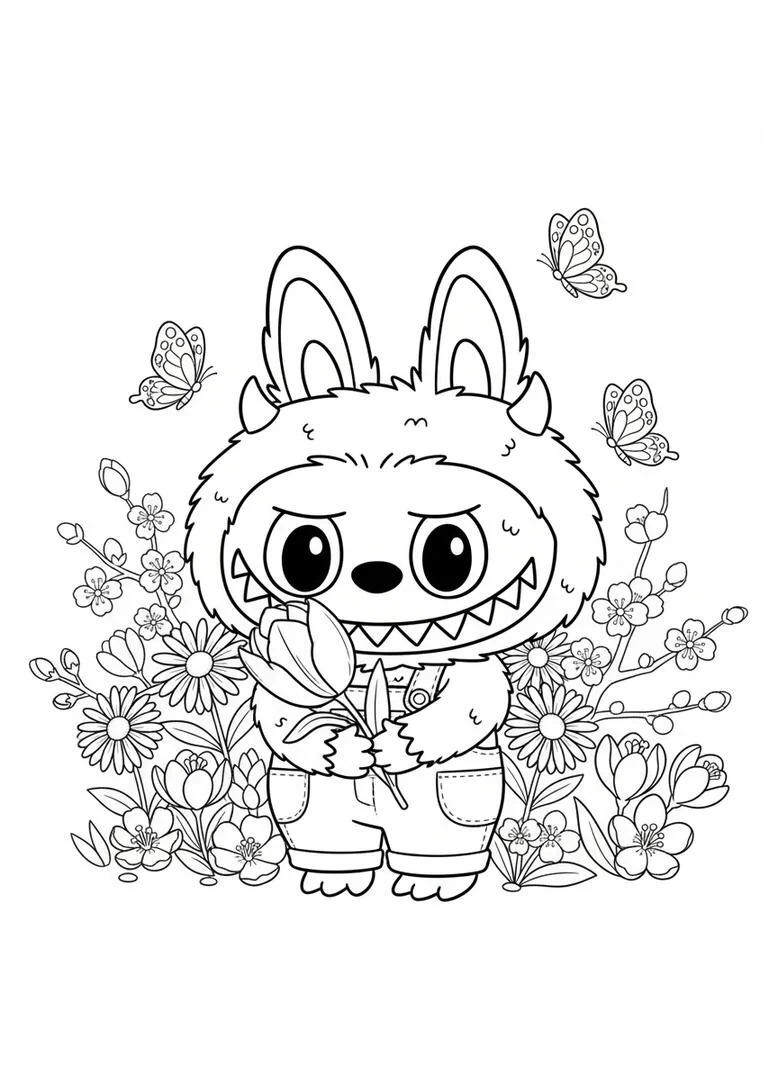 Labubu página para colorear de primavera