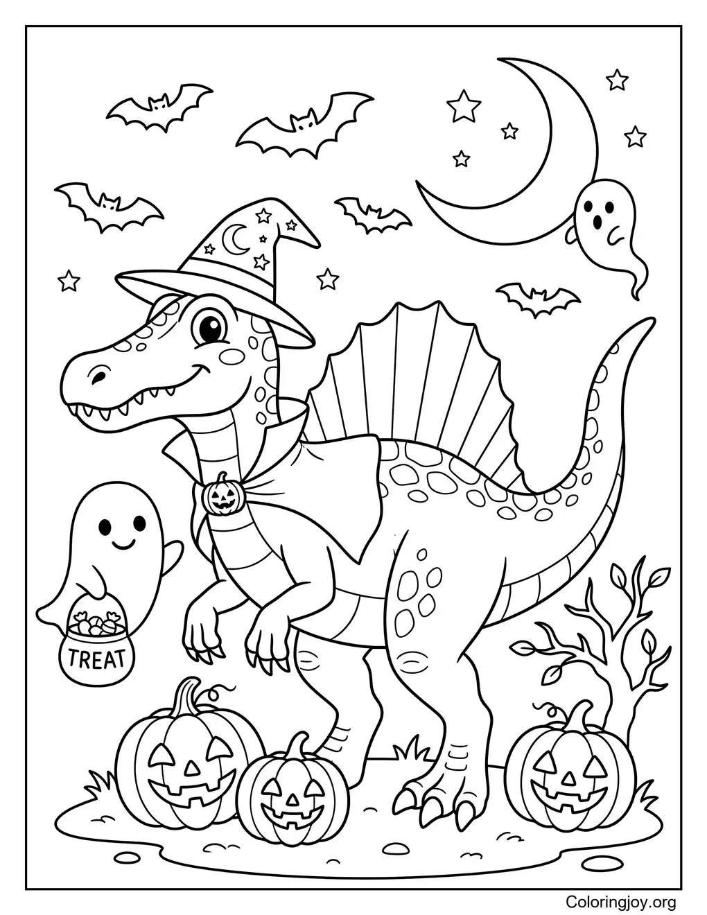 Halloween-Spinosaurus-Malseite mit Kürbissen und Fledermäusen Malvorlage