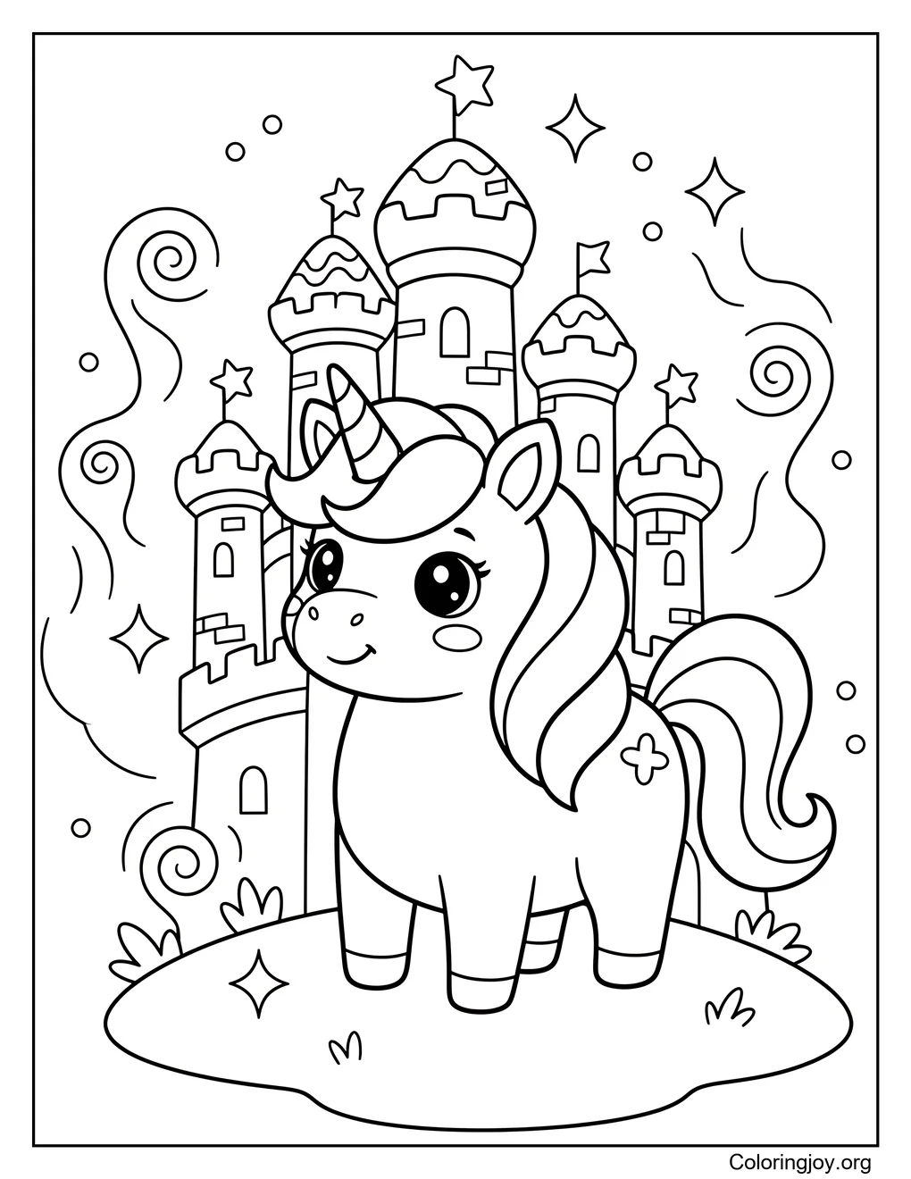 Licorne sympathique souriante avec des étoiles dispersées tout autour.