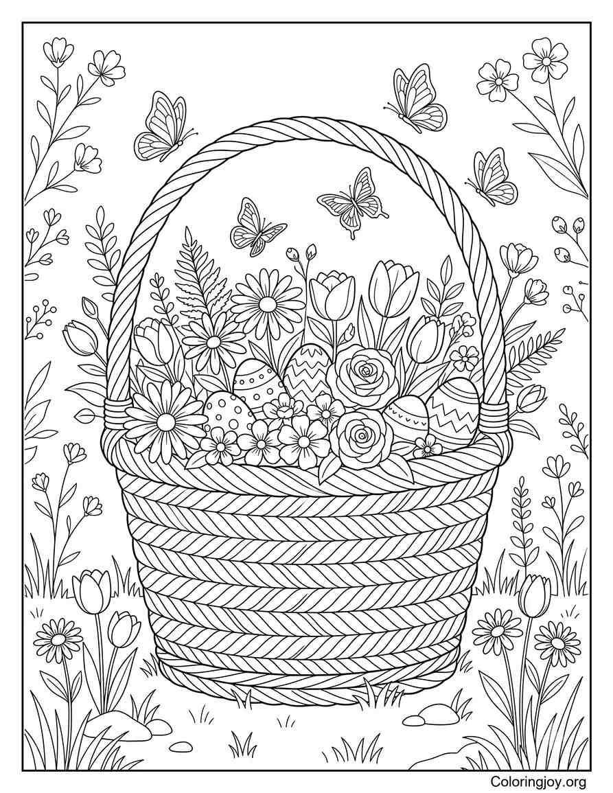 Basket in a garden with flowers and butterflies.