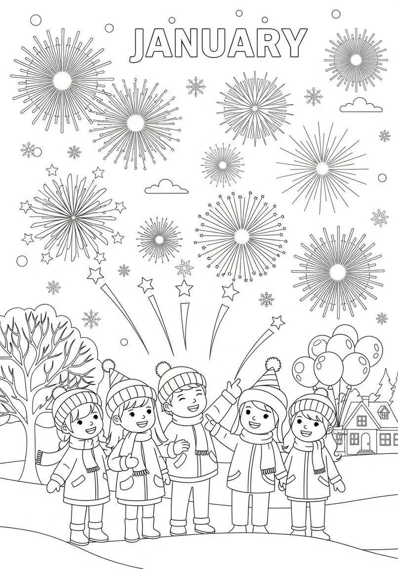 Alegres fuegos artificiales de enero Celebración de invierno para niños Página para colorear