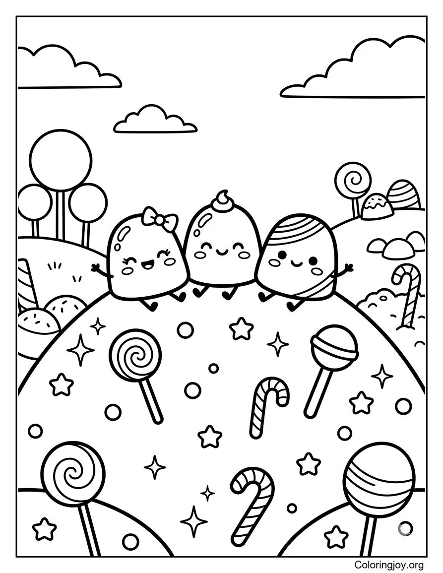 Lindos amigos de gomitas sentados en una colina de dulces página para colorear