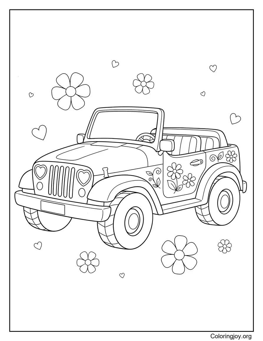 Cute Barbie Style Jeep Scene coloring page