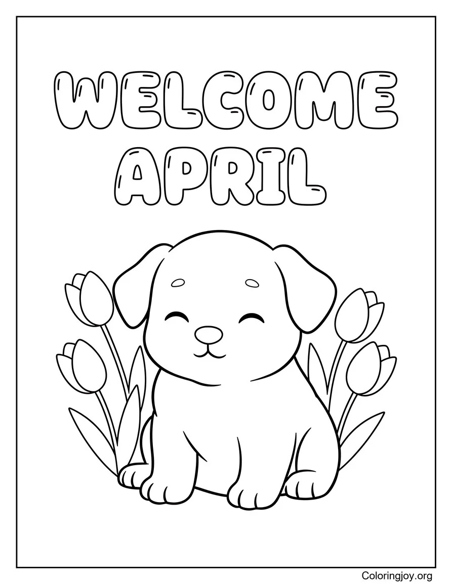 Bienvenida Abril Cachorro Feliz página para colorear