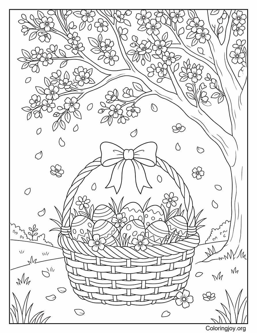 Basket under a spring tree with falling blossoms.