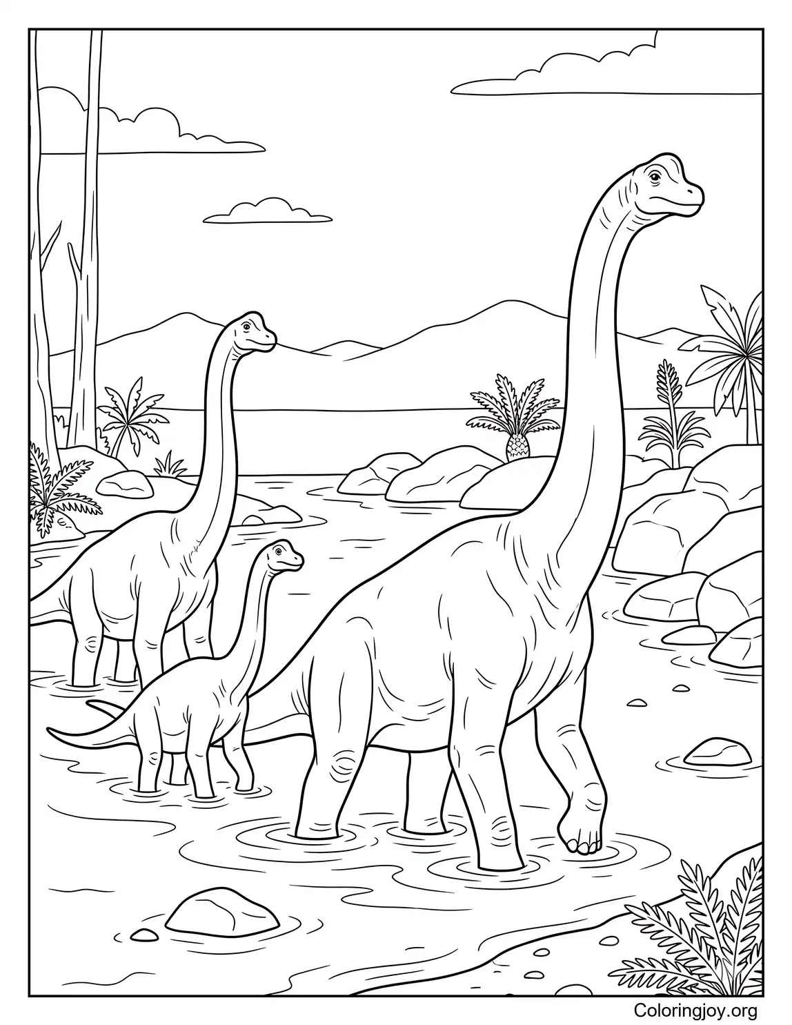 Brachiosaurus Herd Crossing a River