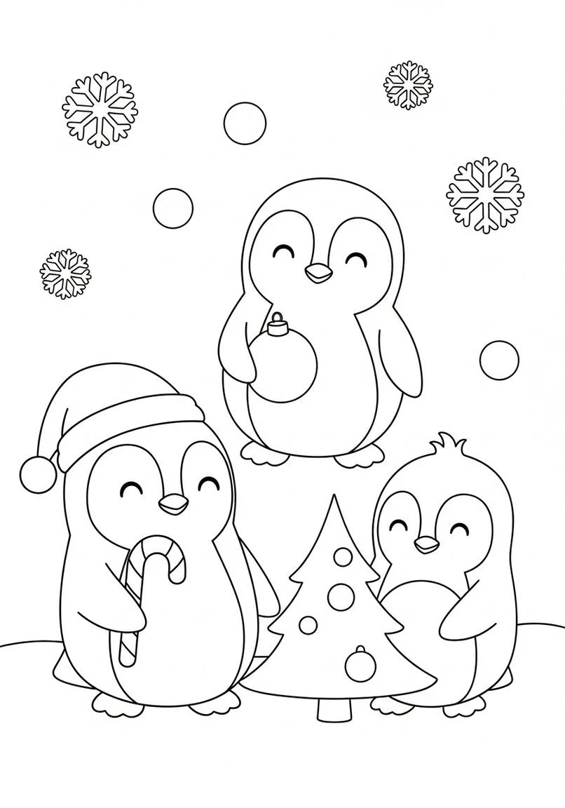 Chunky Penguins Christmas Santa Hat Ornament Coloring Page
