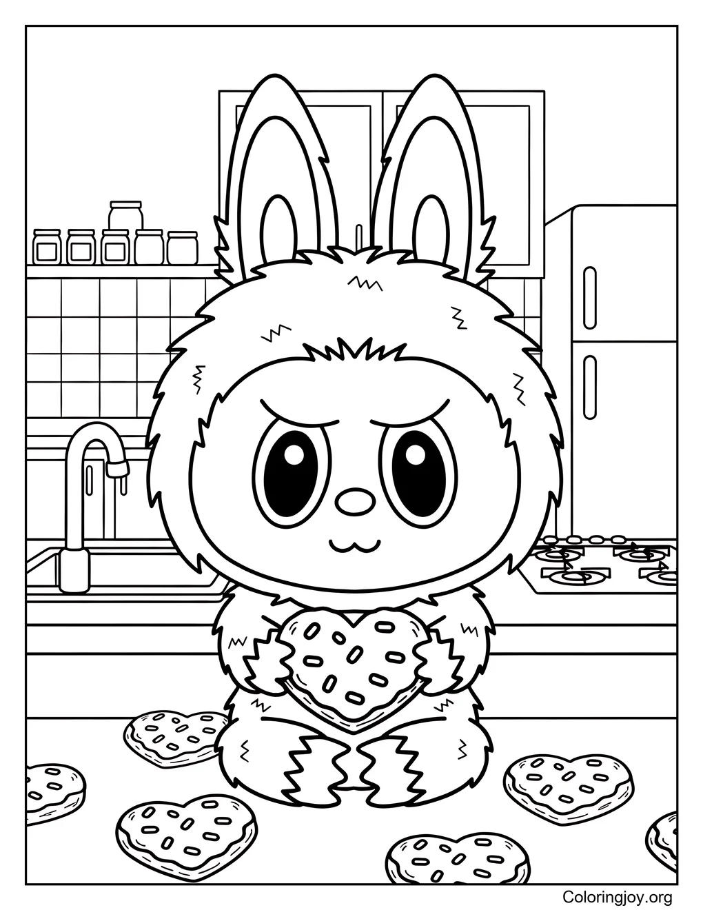 Labubu comparte una galleta de corazón página para colorear