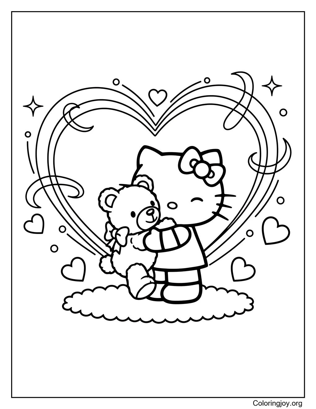 Hello Kitty abrazando un corazón de peluche página para colorear