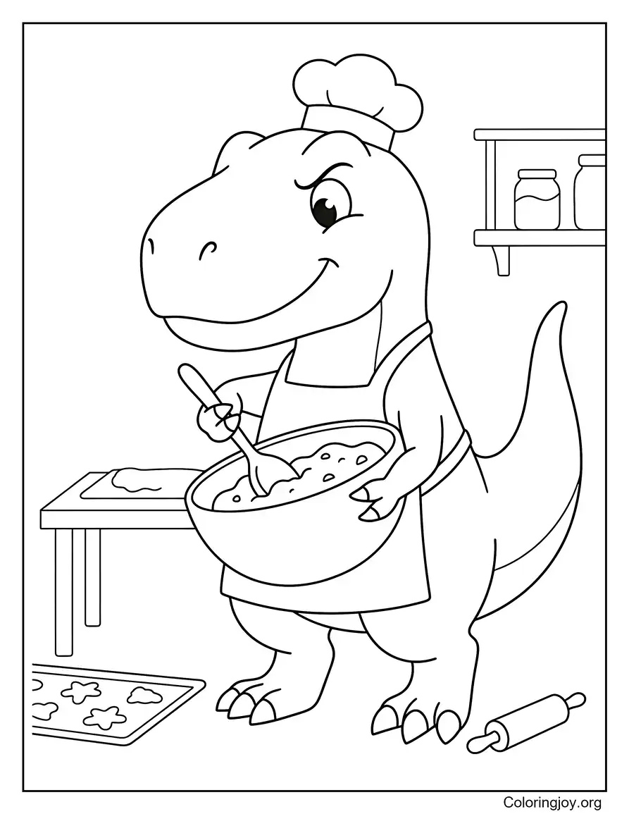 T-Rex Baking Cookies Cute Coloring Sheet coloring page