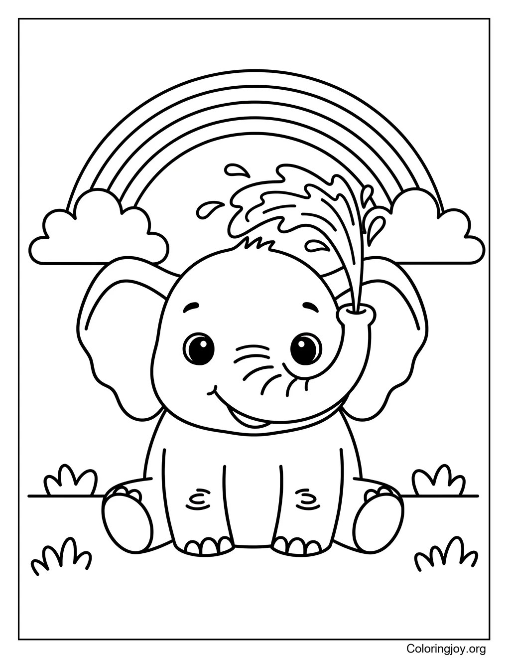 Fröhlicher Elefant, der Wasser und Regenbogen sprüht