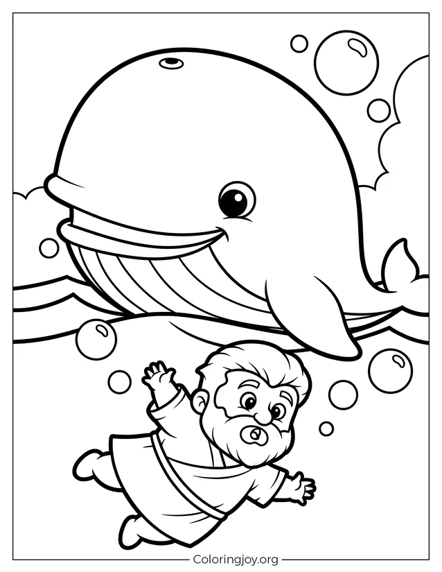 Hoja para colorear para niños pequeños Ballena y Jonás
