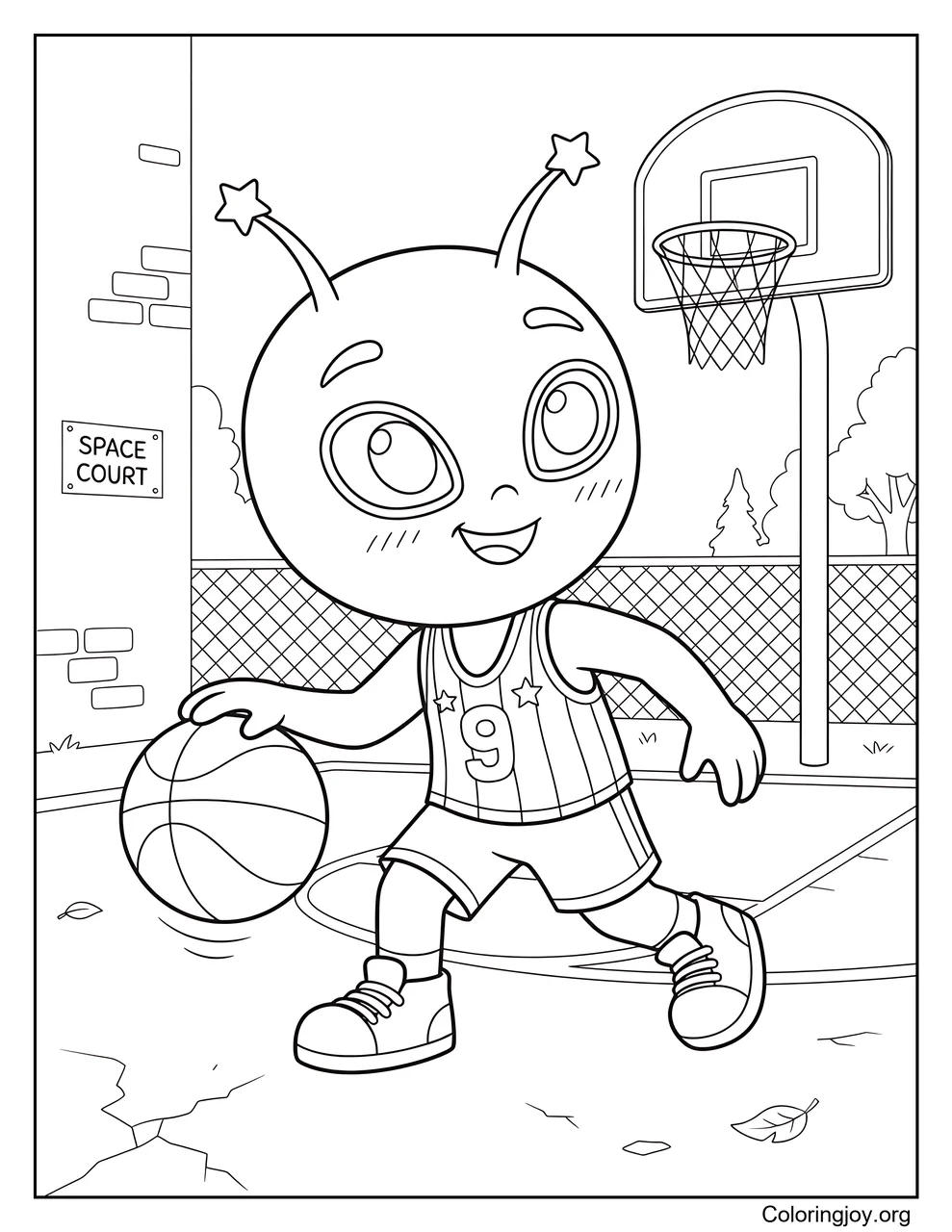 A funny alien enjoys playing basketball on Earth.