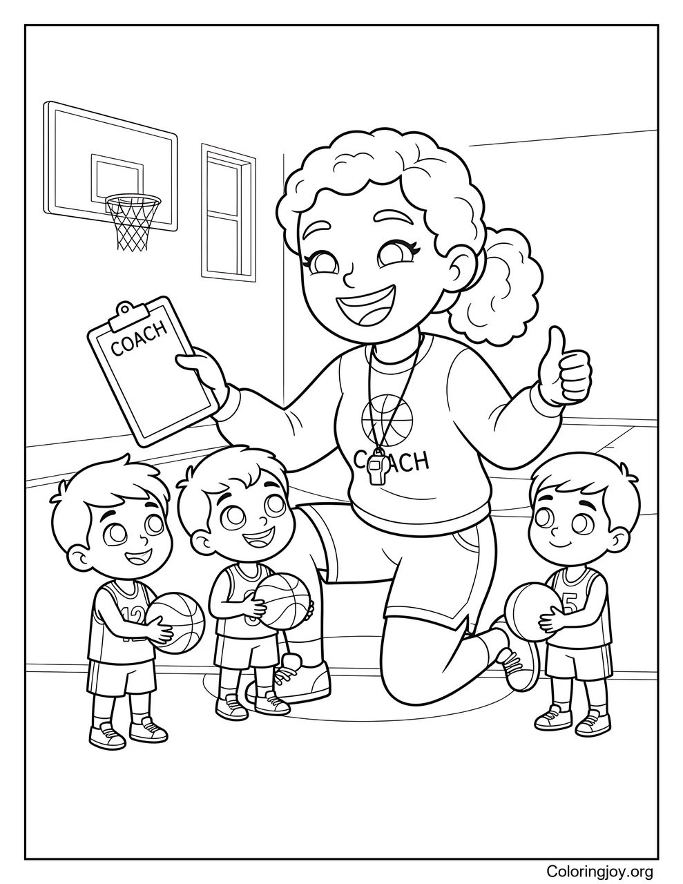 A female coach teaches young basketball players new skills.
