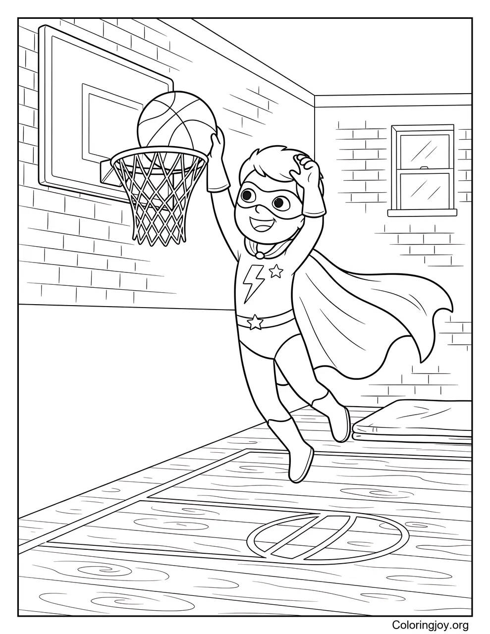 A superhero performs an amazing slam dunk.
