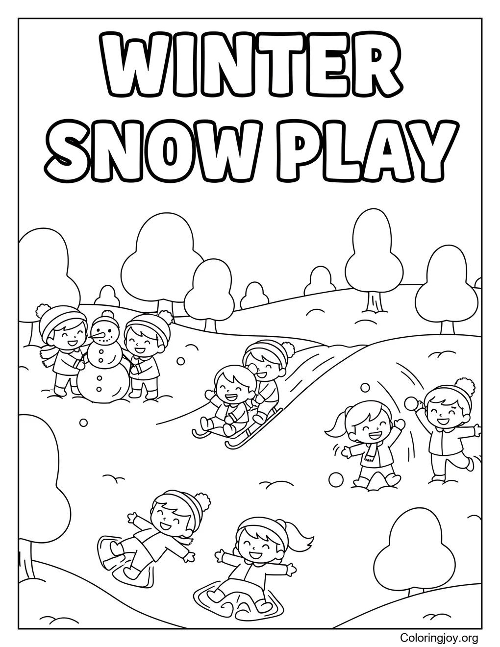 Escenas de juegos de nieve en invierno página para colorear