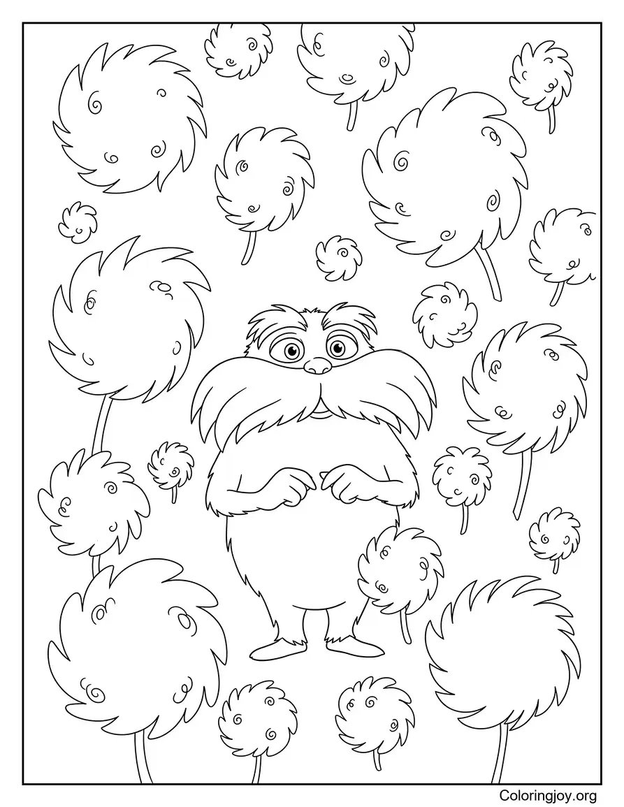 Lorax Surrounded By Floating Truffula Tufts coloring page
