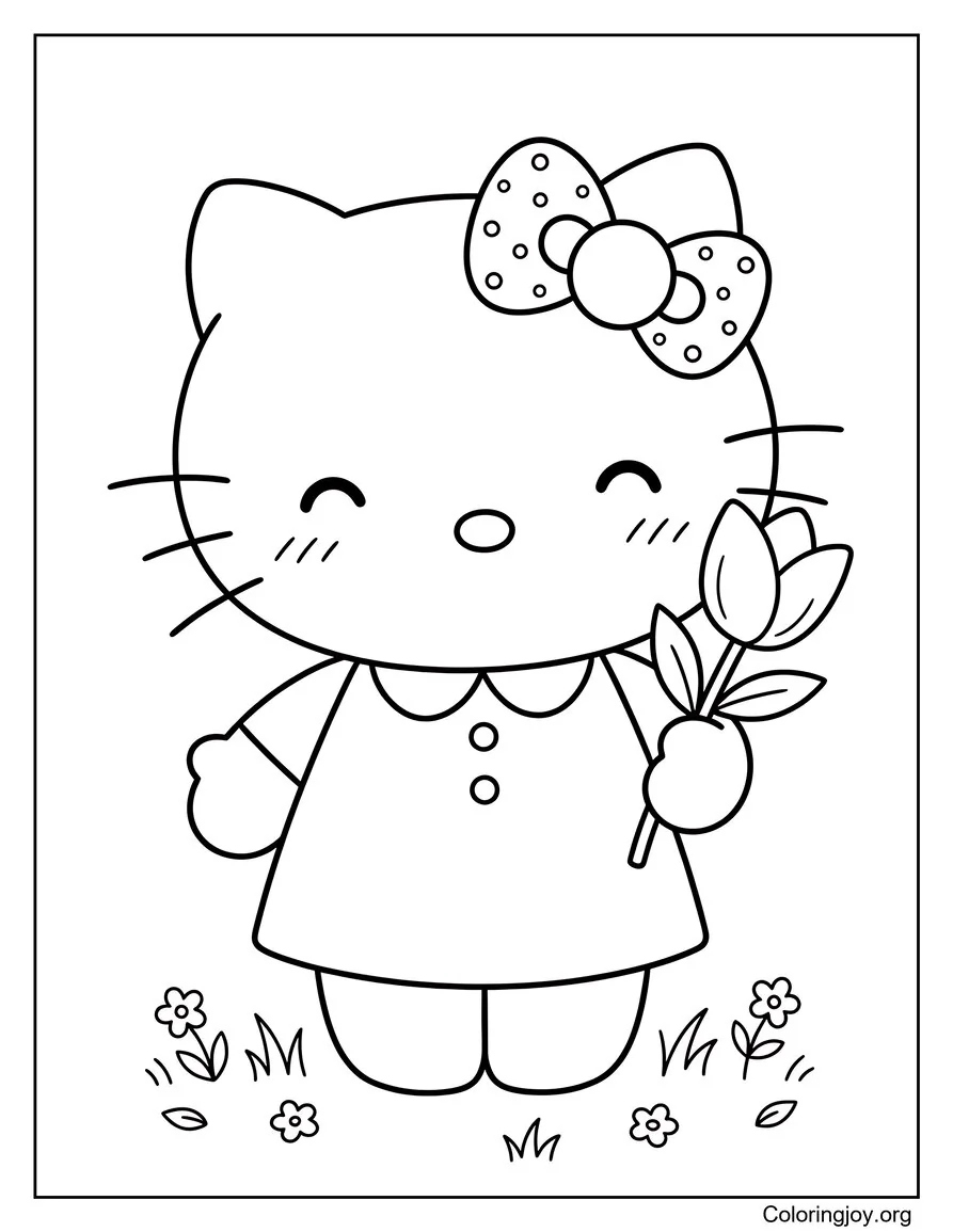 Hello Kitty Sosteniendo una flor de primavera página para colorear