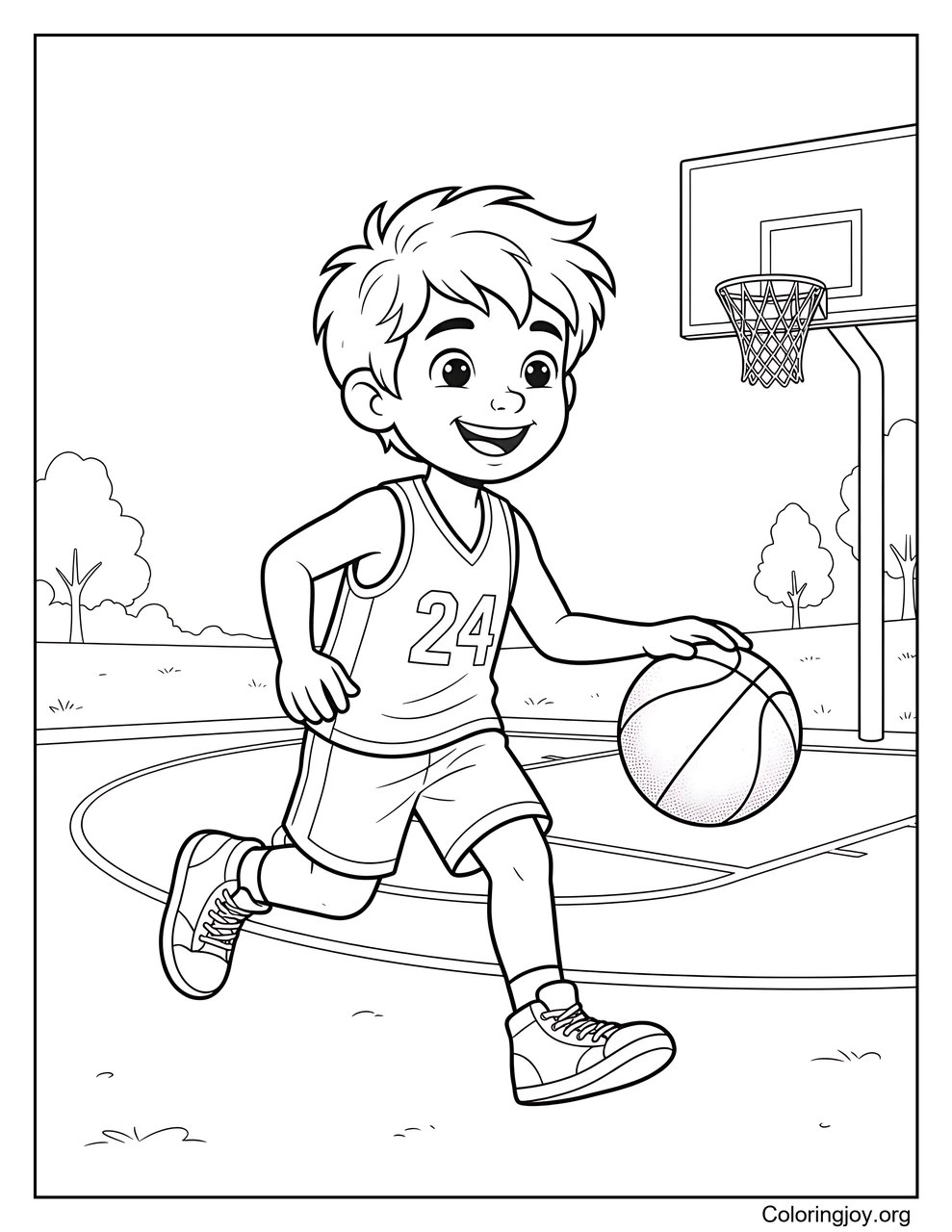 A cheerful boy dribbles a basketball across the court.