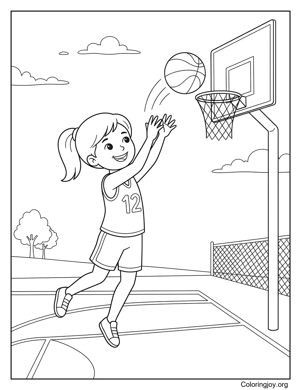 A confident girl shoots a basketball toward the hoop.