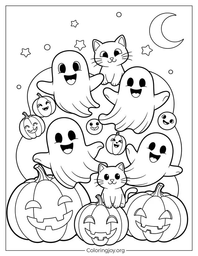 Hoja para colorear de Halloween de fantasmas felices y gatos