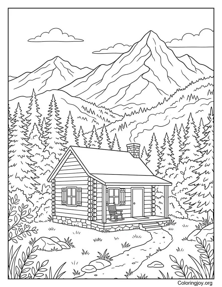 Mountain Cabin Cozy Scene coloring page