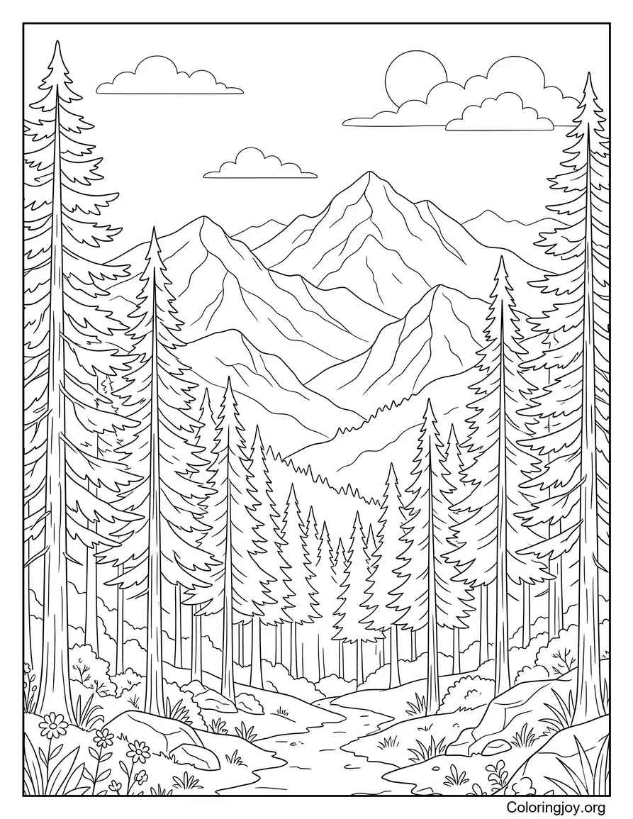 Mountain Forest With Tall Trees coloring page