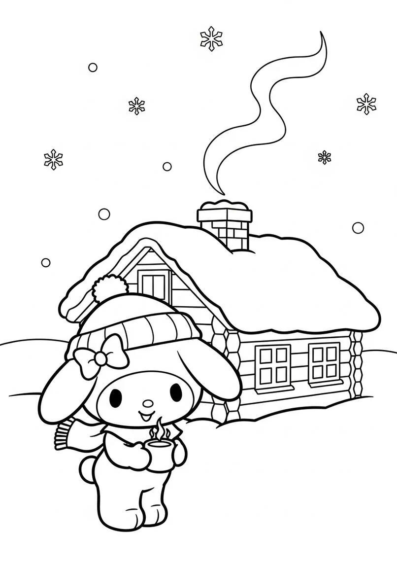 Página para colorear de invierno de My Melody Cozy Cabin