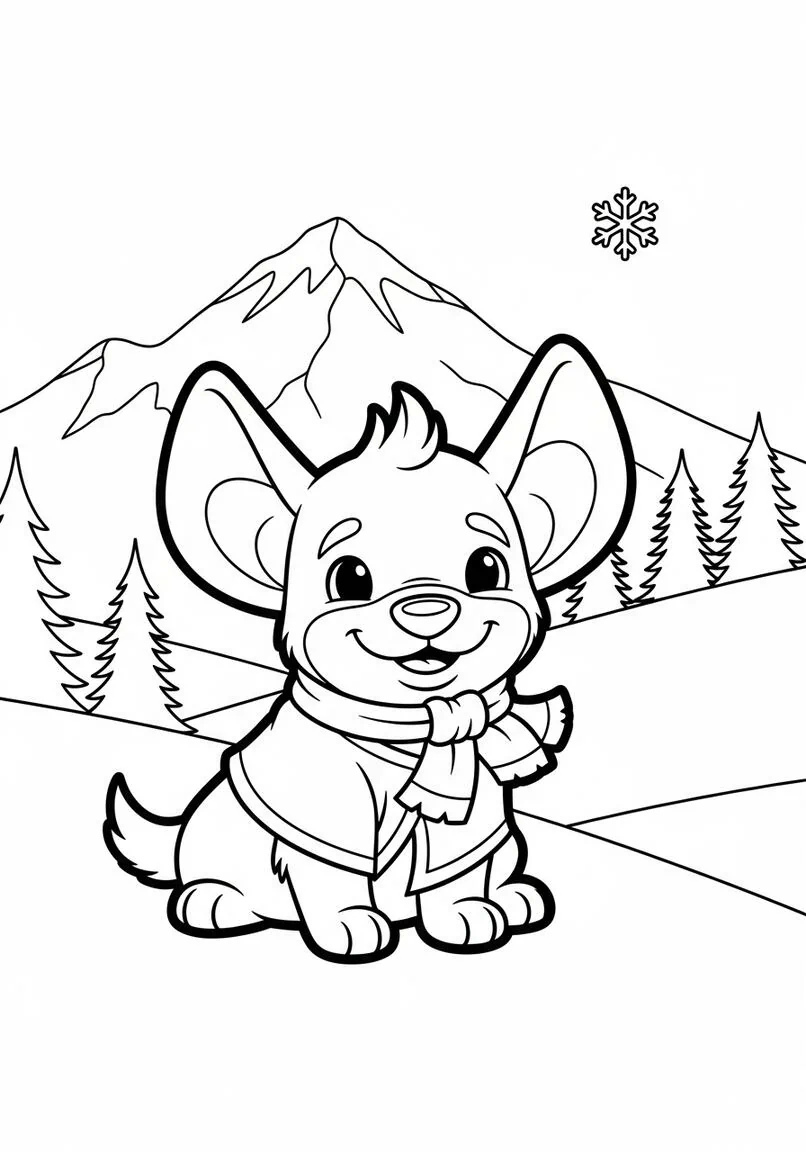 Página para colorear del juguetón Labubu en la montaña nevada