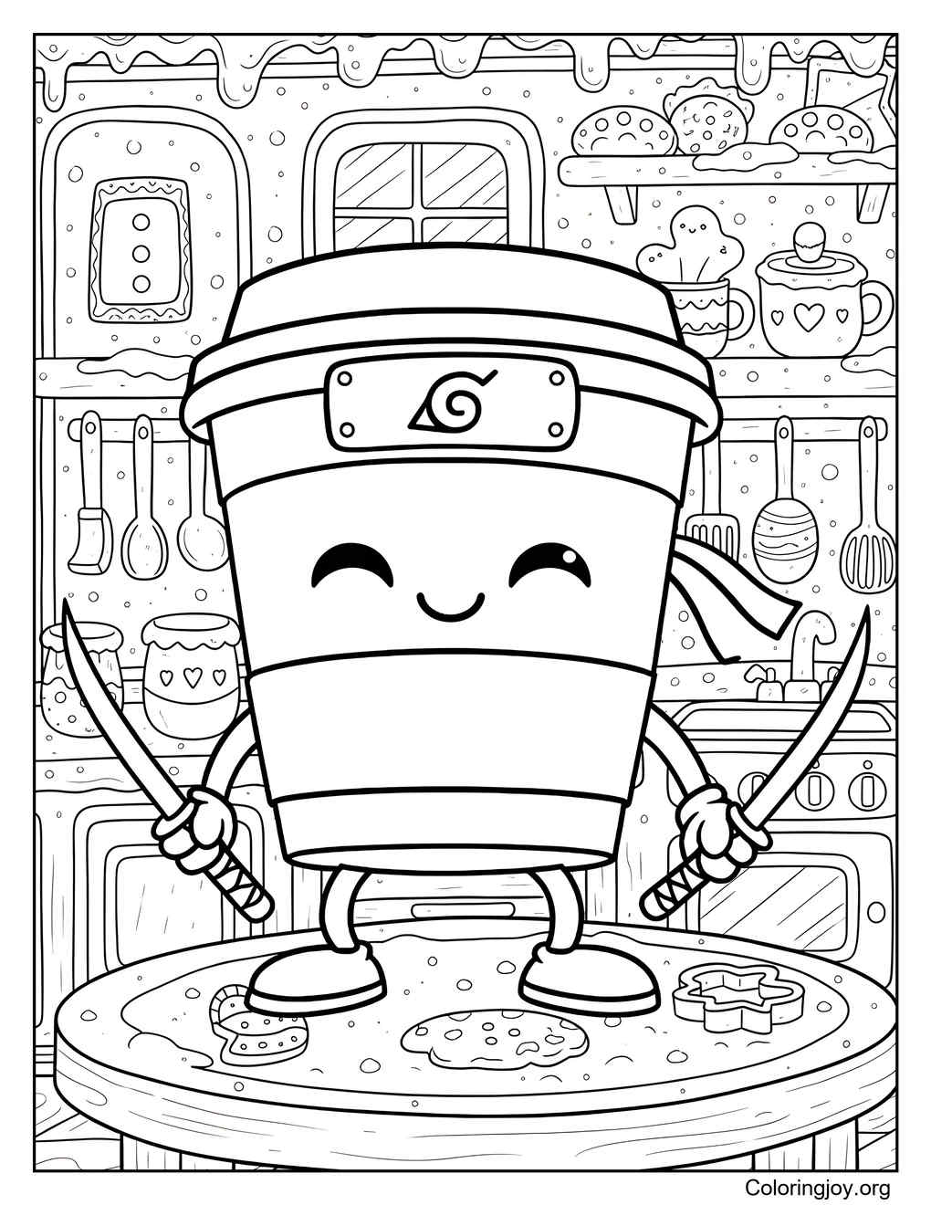 Cappuccino Assassino de pie sobre la mesa de galletas página para colorear