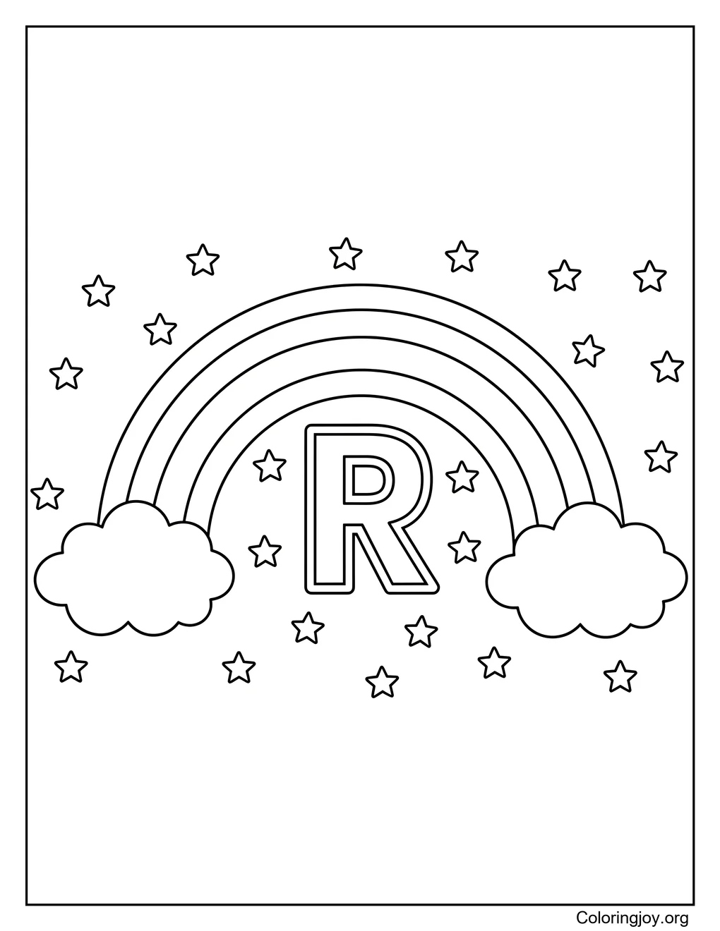 Majestätischer Buchstabe R in einem sternenklaren Regenbogenhimmel