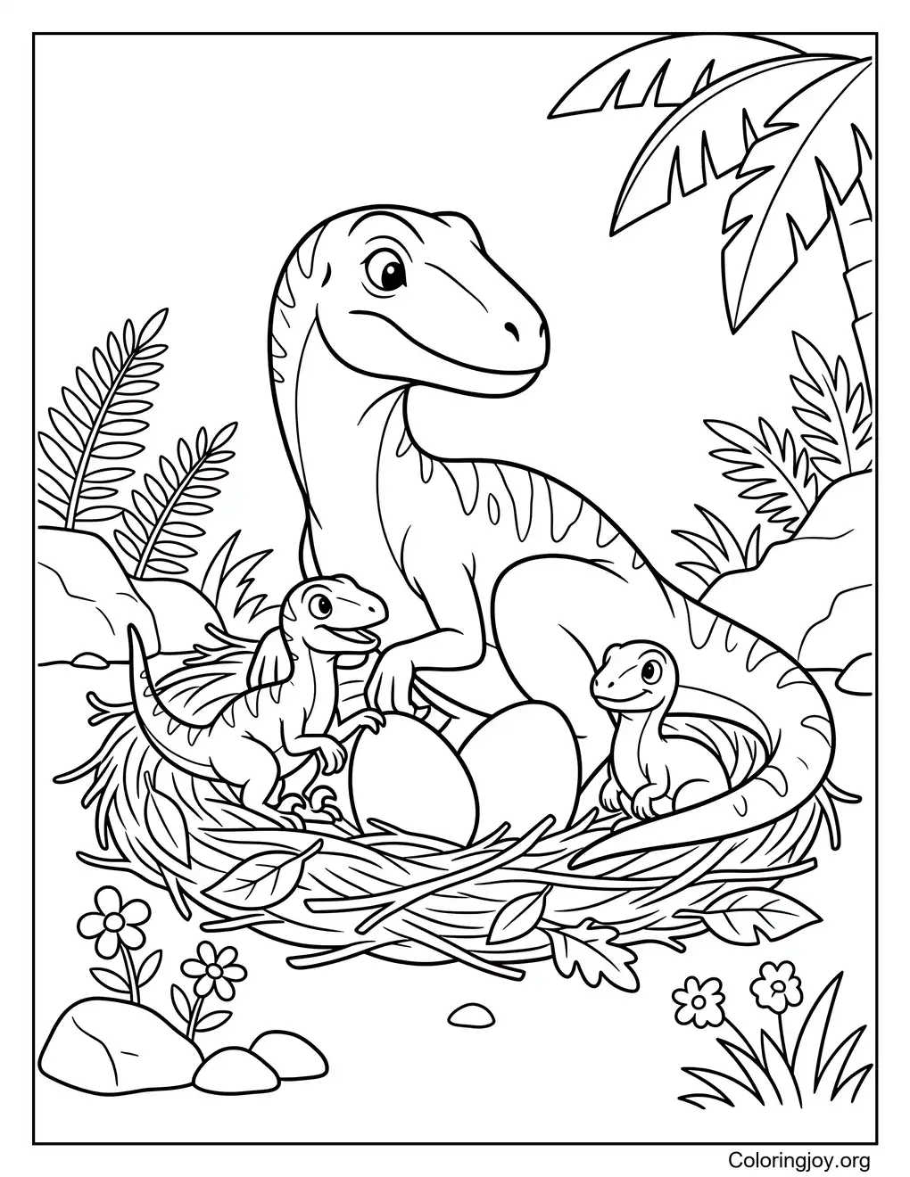 Velociraptor Family With Baby Raptors coloring page